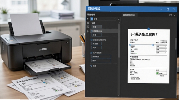 开博送货单管理软件(网络云版)模板编辑界面,展示拖拽式调整单据字段位置,右侧预览区实时显示打印效果,背景为办公桌上的打印机和纸质单据,提示词突出自定义与打印功能