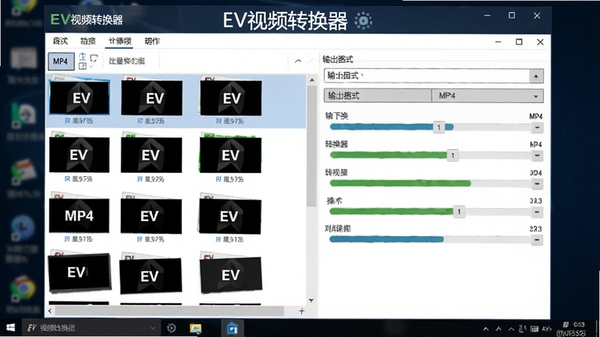 EV视频转换器批量转换功能操作示意图,画面中软件界面显示多个EV格式视频文件已添加到列表,输出格式统一设置为MP4,转换进度条正在运行,背景为深色电脑桌面,突出软件名称EV视频转换器