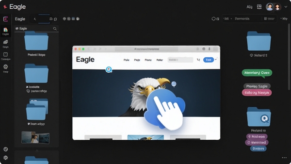 展示Eagle软件素材收集功能的操作界面,画面中央是一张网页截图被拖拽到Eagle素材库的动画效果,周围有多个分类文件夹图标和标签,风格明亮清晰,突出Eagle品牌和其高效的收集整理特性