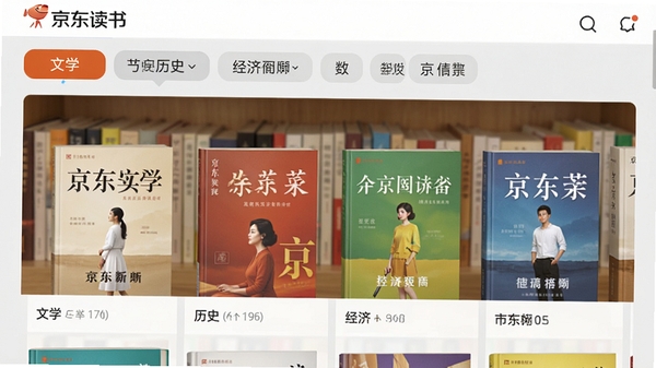 京东读书软件内图书分类展示界面,画面呈现书架式布局,包含文学、历史、经济等多个分类标签,书籍封面色彩丰富,背景为浅灰色,突出书籍堆叠的层次感与软件的整洁界面设计
