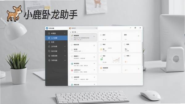 小鹿卧龙助手推广软件的电脑端主界面展示,画面中央是清晰的分类导航模块,背景为现代简约的浅灰色工作台,整体风格明亮专业,软件名称以醒目Logo形式置于界面左上角