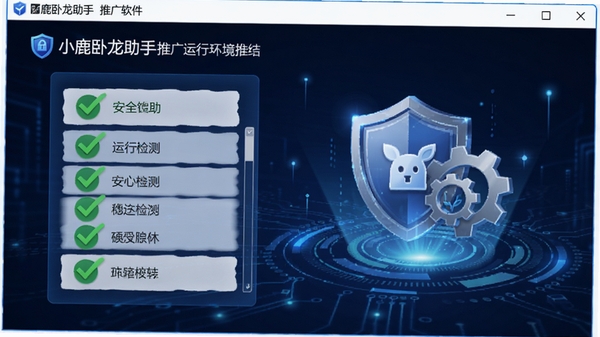 小鹿卧龙助手推广软件的运行环境检测界面,画面展示绿色对勾的检测列表,背景为深蓝色科技感光效,包含盾牌与齿轮图标元素,突出安全与稳定性