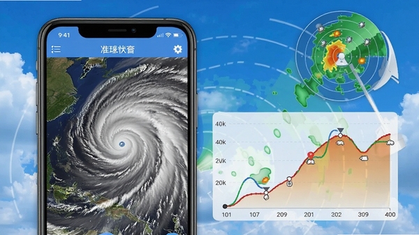 准点卫星天气主界面展示图,手机屏幕显示卫星云图与温度曲线,背景为蓝天白云与气象雷达元素,画面清晰直观,色彩明亮,突出软件核心功能