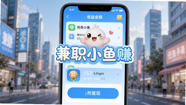 兼职小鱼赚手机兼职APP主界面,展示任务列表、收益金额和提现按钮,背景为简洁的浅蓝色渐变,界面清晰,图标可爱,整体风格明亮活泼,突出手机赚钱的便捷与乐趣,画面中央显示兼职小鱼赚字样,背景区域为模糊的现代城市街景,光线柔和,细节丰富,适合应用商店截图展示。