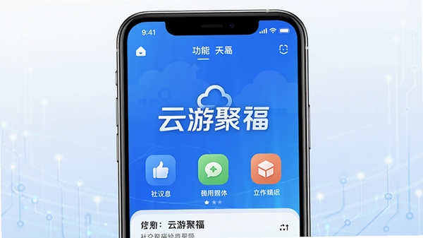 云游聚福软件主界面预览图,展示手机屏幕中信息流与功能导航栏,背景为渐变蓝色科技感风格,整体画面明亮清晰,突出APP的社交与资讯聚合属性,画面中央显示“云游聚福”LOGO与核心功能图标,细节丰富,适合作为软件介绍首图。