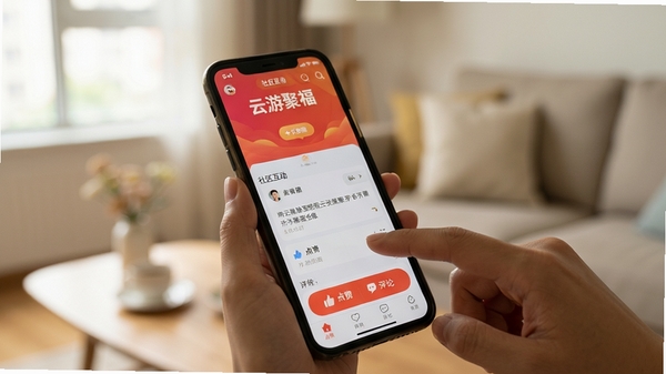 手机操作云游聚福的实拍场景,展示用户手指点击屏幕上的社区互动界面,画面聚焦于点赞和评论按钮,背景为生活化场景,光线柔和,体现应用的易用性和互动性。