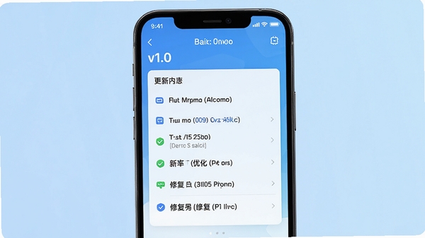 电子钥匙更新日志界面,手机屏幕显示版本号v1.0和更新内容列表,背景为浅蓝色渐变,画面简洁明快,突出新版本优化和修复的要点。