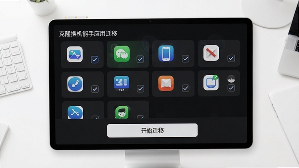 克隆换机能手应用迁移界面,屏幕上列出所有可迁移的应用图标,每个图标带有勾选状态,背景是干净的白色桌面,画面下方有醒目的“开始迁移”按钮,整体风格明亮简洁
