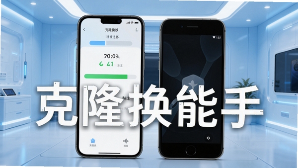 克隆换机能手主界面预览图,手机屏幕显示数据迁移进度条,新旧手机并排摆放,背景为简洁的浅蓝色科技感房间,画面主体突出软件名称“克隆换机能手”字样,风格写实清晰