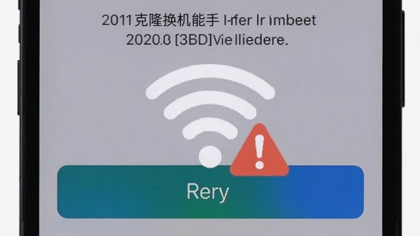 克隆换机能手连接失败提示截图,手机屏幕显示错误代码和重试按钮,背景为浅灰色,画面中央有一个明显的Wi-Fi图标带感叹号,风格简洁直观