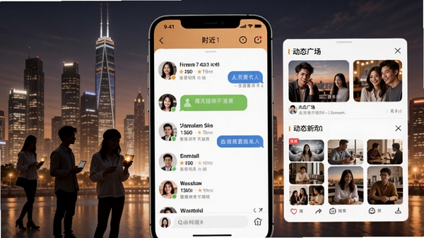 天天约软件主界面预览图,展示附近的人列表、聊天窗口和动态广场,背景为现代都市夜景,人物剪影与手机界面融合,整体色调温暖明亮,突出社交氛围