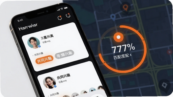 天天约智能匹配功能示意图,手机屏幕显示附近用户卡片,包含头像、距离、共同兴趣标签,背景为地图定位界面,橙色高亮显示匹配度百分比,风格清新现代