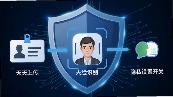 天天约安全认证流程示意图,包含身份证上传、人脸识别、隐私设置开关等图标,背景为盾牌形状,蓝色科技感线条,强调安全可靠