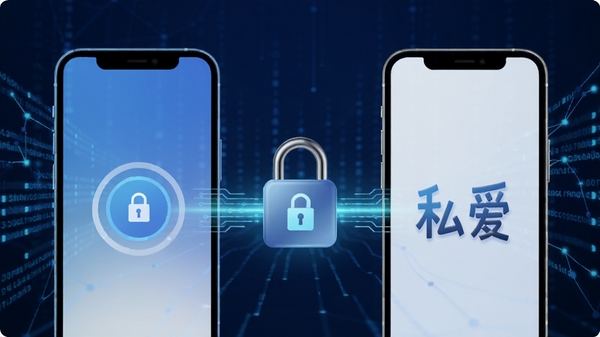 私爱加密通信功能示意图,画面展示两部手机之间通过加密锁连接,背景为网络数据流,突出安全传输,蓝色科技色调,加入私爱名称字样