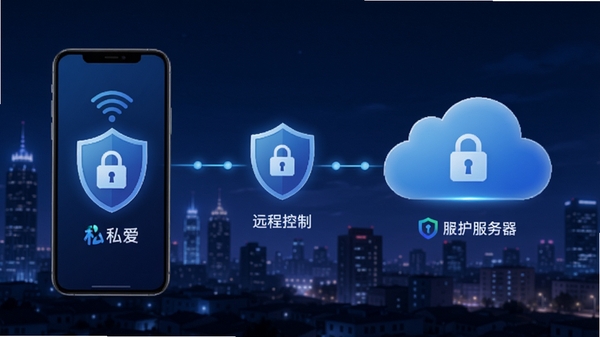 私爱远程控制功能示意图,画面展示手机与云服务器之间的连接,带有盾牌和锁图标,背景为城市夜景,色调偏冷,加入私爱logo,强调远程保护