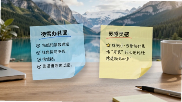 千雪桌面便签功能场景图,桌面上显示两张彩色便签,一张记录待办事项,一张记录灵感,便签半透明效果,背景为自然风景壁纸,整体氛围轻松实用