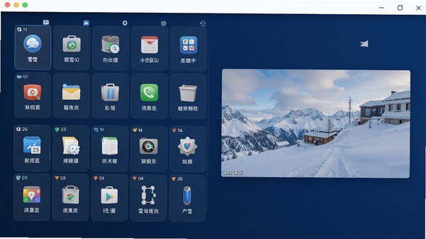 千雪桌面主界面预览图,展示整洁的桌面分区与图标收纳效果,画面以深蓝色背景为主,左侧为分类格子,右侧为壁纸预览,整体风格清爽专业