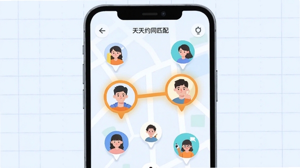 天天约同城匹配功能预览,画面展示手机地图界面,上面分布着多个用户头像气泡,其中两个被高亮连接,背景为简约的淡蓝色网格,突出位置社交概念,扁平化设计风格,色彩明快