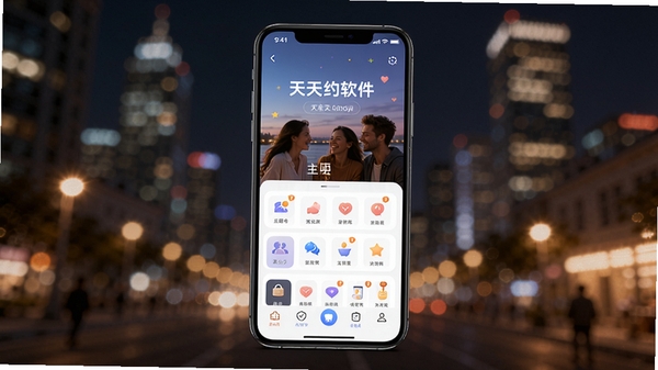 天天约软件主视觉图,画面中央是手机屏幕展示应用主界面,背景是模糊的城市夜景,暖色调灯光点缀,整体风格现代时尚,突出社交氛围,竖版构图,高清细节丰富