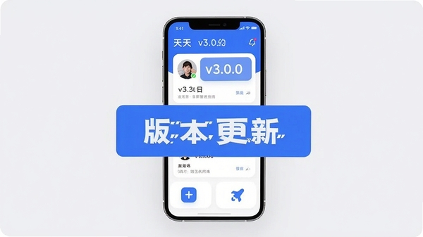 天天约v3.0.0新版本界面展示,画面中央是手机屏幕,展示了全新的卡片式UI布局,背景为淡灰色,屏幕上有多个用户卡片和功能图标,整体风格简约现代,色彩以蓝色和白色为主,突出“版本更新”主题