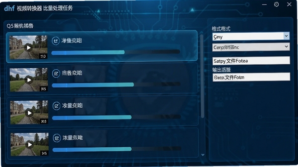 dhf视频转换器批量处理任务界面,显示多个视频文件正在排队转换,每个文件都有进度条,界面中能看到格式选择下拉菜单和输出文件夹路径设置,整体色调为蓝色系,凸显科技感