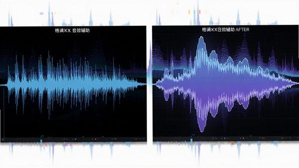 格调KX音效辅助的音效增强引擎工作示意图,画面左侧是原始音频波形,右侧是经过格调KX音效辅助处理后的波形,波形更加饱满,背景有音频频谱流动效果,色调以蓝色和紫色为主,科技感强,高清细节