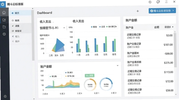 精斗云标准版软件主界面截图,显示财务管理仪表盘,包含收入支出图表、账户余额、近期交易记录,整体风格简洁明亮,背景为浅灰色,突出软件功能布局