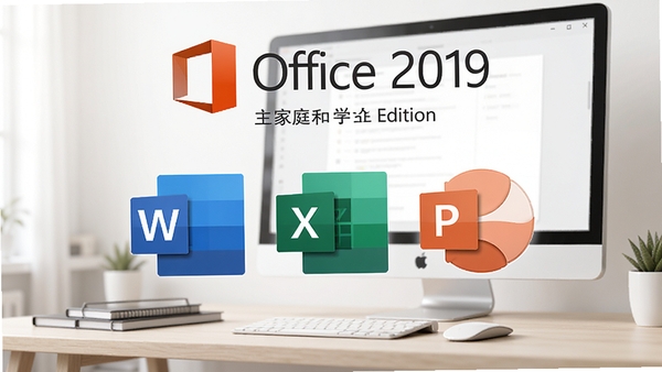 Office 2019 家庭和学生版 主视觉图,展示Word、Excel、PowerPoint三款软件图标的现代办公场景,背景为简约书桌与电脑屏幕,整体色调明亮清晰,风格写实且具有专业感