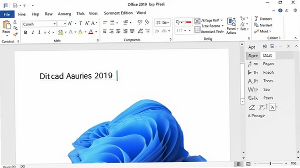 Office 2019 家庭和学生版 Word 界面截图,展示文档编辑页面,光标停留在标题位置,右侧显示排版工具栏,画面清晰,突出文字处理功能