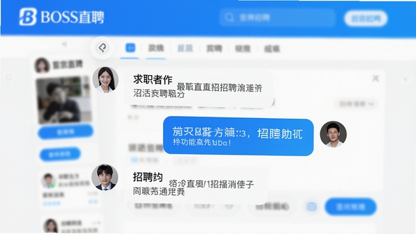 BOSS直聘聊天界面功能展示图,画面聚焦于对话框,显示求职者与招聘方的实时对话气泡,背景为模糊处理的招聘页面,重点突出直接沟通的核心功能,整体色调明亮,强调软件名称BOSS直聘的沟通属性
