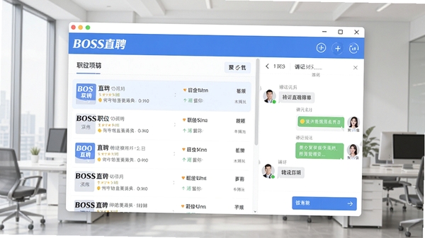 BOSS直聘主界面预览图,画面主体为软件主窗口,左侧是职位列表,右侧为聊天对话框,背景为简洁的办公室场景,整体风格现代清爽,界面元素清晰可辨,突出软件名称BOSS直聘