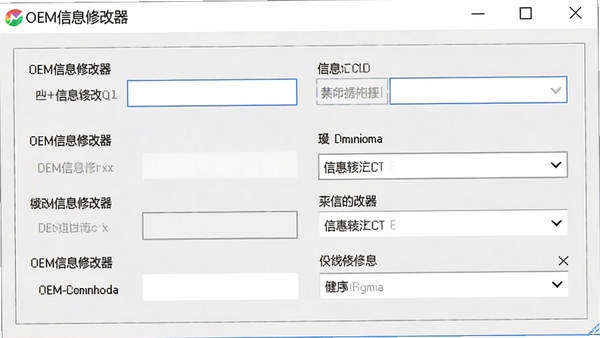 OEM信息修改器修改主板信息的操作界面,展示输入框和下拉菜单,背景为浅灰色调,软件名称OEM信息修改器在界面左上角显示