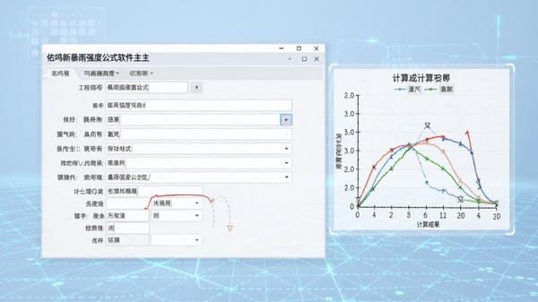 展示佑鸣最新暴雨强度公式软件主界面的预览图,画面中央是清晰的数据输入表单,右侧显示计算成果曲线,背景为淡蓝色科技感网格,整体风格专业简洁,突出工程设计软件的实用气质。