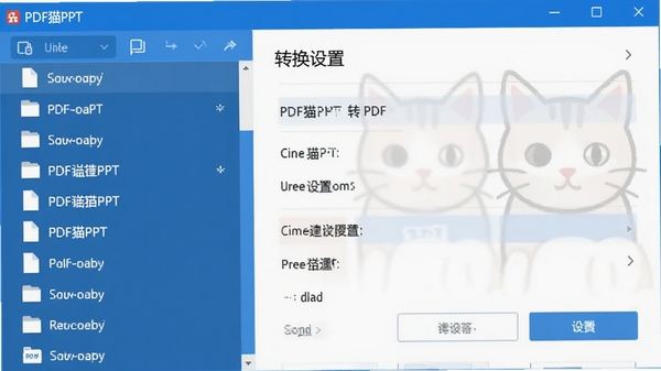 PDF猫PPT转PDF主界面预览图,显示简洁的软件操作窗口,左侧为文件列表区域,右侧为转换设置选项,整体采用蓝白配色,界面清爽干净,软件名称显示在窗口左上角