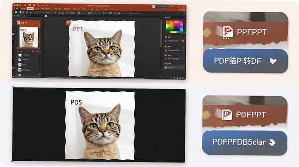 PDF猫PPT转PDF功能展示图,画面分为上下两个区域,上方为PPT原始文件编辑界面,下方为转换后的PDF预览效果,两者排版完全一致,旁边有软件功能按钮特写
