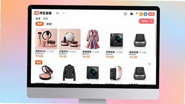 淘宝直播电脑版商品展示页面,屏幕上陈列着各类商品图片,包括美妆、服饰、电子产品等,界面分类清晰,有推荐标签和销量数据,背景为柔和渐变色,风格现代,色彩丰富,突出商品多样性,构图饱满