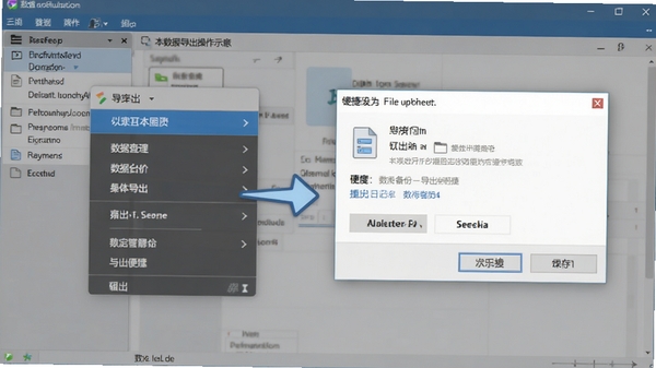 我的日记本数据导出操作示意,展示导出菜单选项与文件保存对话框,背景为软件主窗口,强调数据备份与导出的便捷性