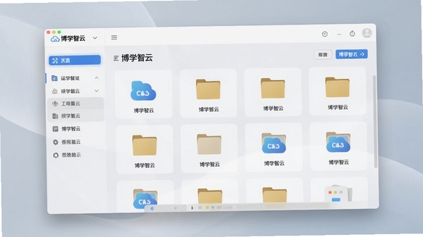 博学智云主界面预览图,展示整洁的云端文件管理面板与左侧分类导航栏,现代简约风格的桌面软件界面,背景为柔和的浅灰蓝色渐变,图标线条清晰,画面明亮通透