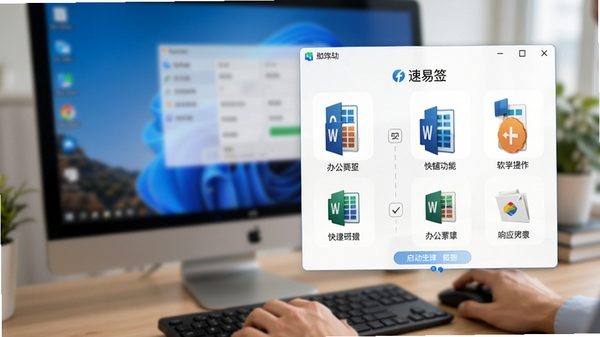 速易签快捷启动功能操作示意图,画面展示用户通过键盘快捷键呼出软件启动面板,面板上整齐排列着各类办公软件图标,背景为模糊处理的电脑屏幕,突出启动面板的清晰与响应迅速