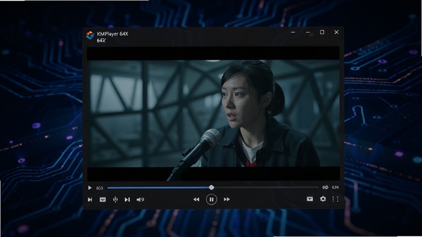 KMPlayer 64X 主界面预览图,展示其简洁的播放器窗口与高清视频画面,背景为深色科技感氛围