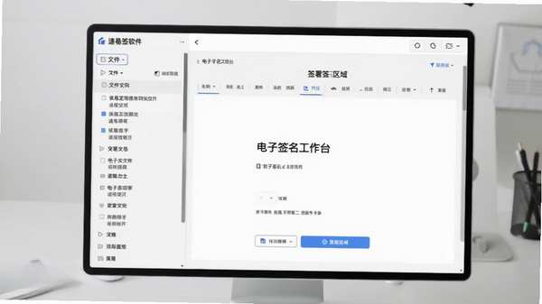 速易签软件主界面预览图,展示电子签名工作台,左侧为文件列表,右侧为签署区域,背景为干净的浅灰色办公桌面,整体风格简洁现代