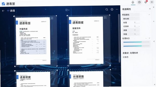 速易签批量处理文件界面截图,展示多份文档同时应用模板,右侧为模板属性面板,带有进度条显示处理状态,背景为深蓝色科技感色调