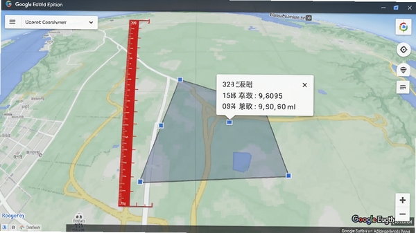 Google地球专业版 测量工具使用场景,地图上显示红色标尺与多边形面积,数据浮窗标注,简洁清晰