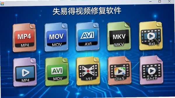 ʧ�׵���Ƶ�޸�����������չʾ֧�ֵĶ�����Ƶ��ʽͼ�꣬��MP4��MOV��AVI��MKV�ȣ������忨Ƭ��ʽ���У�����Ϊ��ɫ�Ƽ��н��䣬�����������ڶ�������