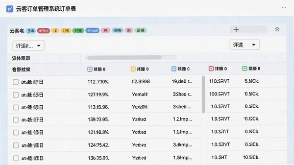 云客订单管理系统订单列表功能截图,展示多色状态标签和筛选选项,界面布局清晰,数据表格整齐,背景为淡蓝色工作区