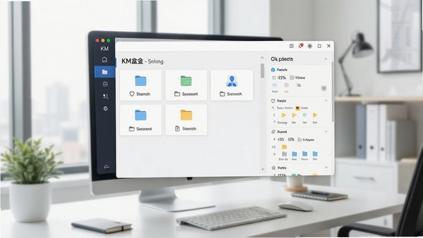 KM盒子主界面预览图,展示其整洁的功能布局与文件管理面板,背景为现代化办公桌面,整体风格简洁明亮