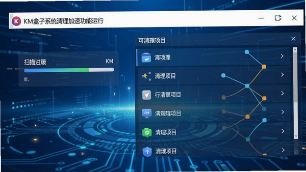 KM盒子系统清理加速功能运行界面,展示扫描进度与可清理项目列表,背景为清爽的蓝色科技感元素