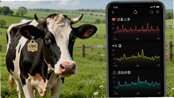 我的养智能健康监测功能界面,左侧展示一只佩戴智能耳标的奶牛,右侧手机屏幕显示心率、体温、活动步数的彩色折线图,背景为绿色牧场,画面清晰标注数据波动,整体色调清新自然