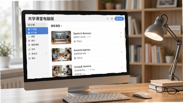 共学课堂电脑版主界面截图,展示清晰的学习课程列表与分类导航栏,画面明亮简洁,突出在线教育平台的现代感与专业性,背景为书房环境