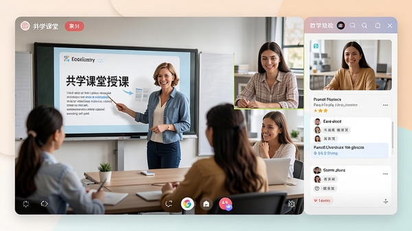 共学课堂直播授课界面,画面中显示老师课件与实时讨论区,多名学员在线互动,界面布局专业,色彩柔和,体现线上教学的活跃氛围